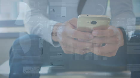 animación del procesamiento de datos financieros sobre un empresario caucásico que usa un teléfono inteligente