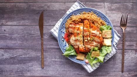 chicken katsu bowl with rice and salad