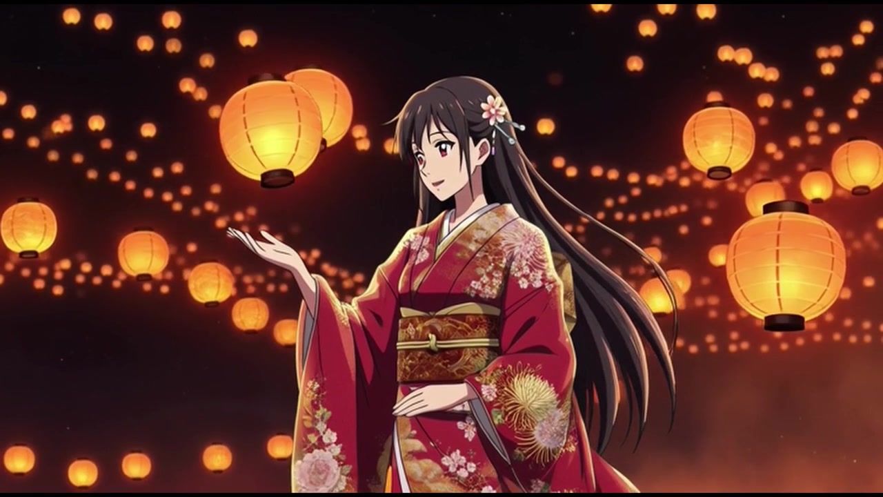Ragazza anime in kimono tradizionale in piedi tra lanterne fluttuanti.