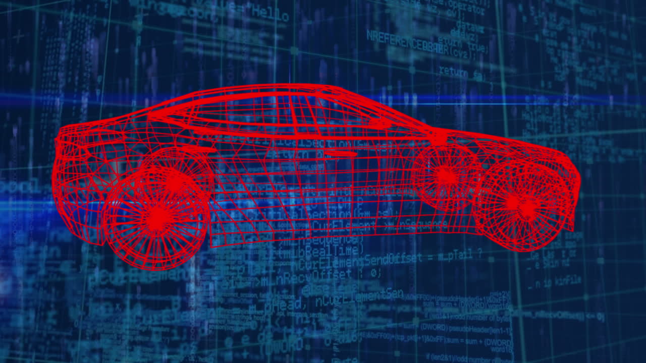 블루 스페이스에서 데이터 처리 위에 회전하는 자동차 프로젝트의 애니메이션