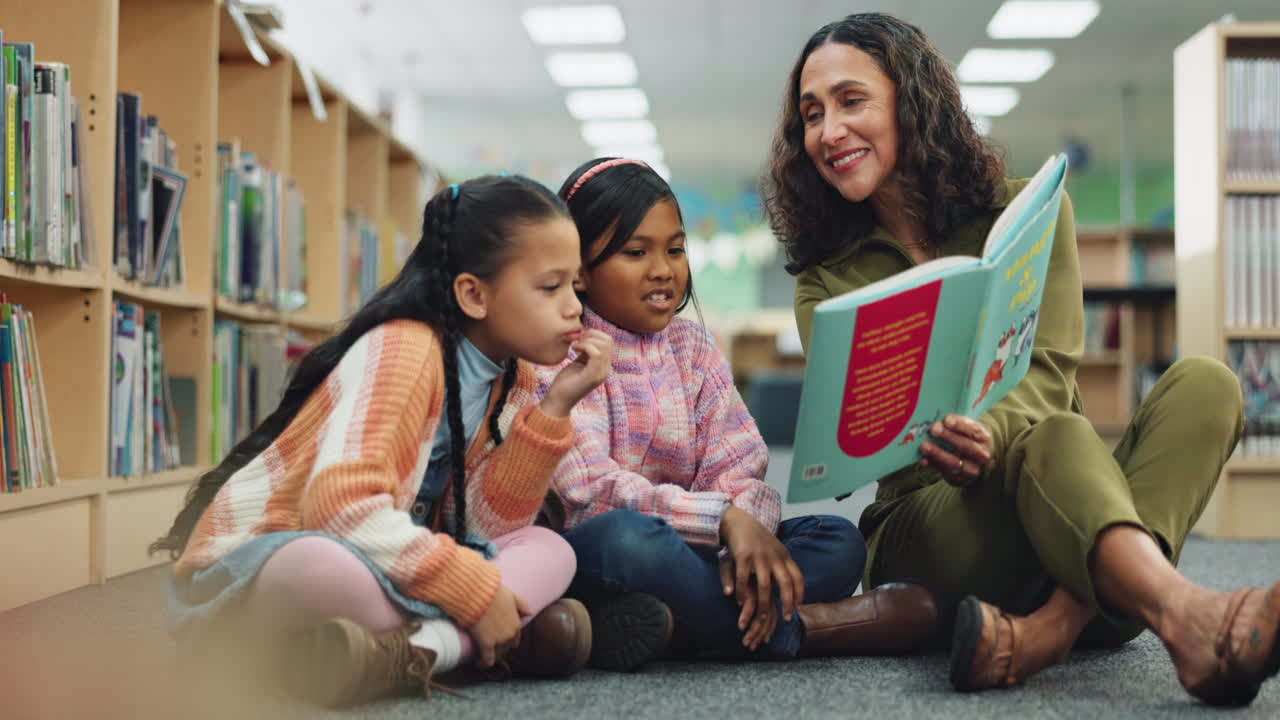 Teacher reads with students in library