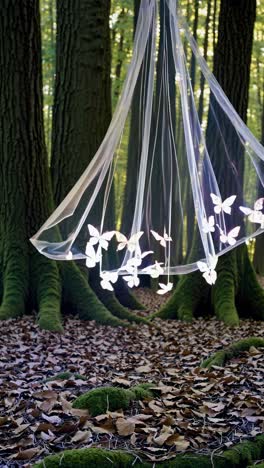 aerial view of ethereal forest scene with glowing butterflies under sheer fabric