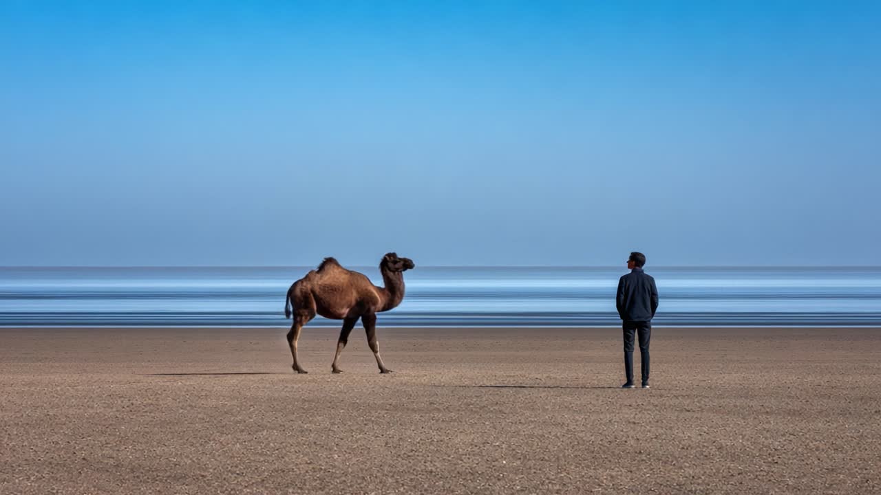 A man stands on a vast, serene beach as he observes a camel nearby, surrounded by soft, flowing waves and a clear blue sky, creating a tranquil scene of connection with nature