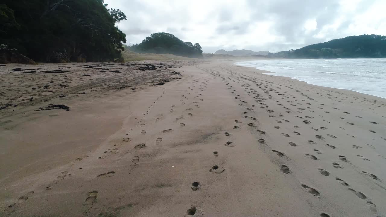 Hot Water Beach, Nuova Zelanda, con nebbia atmosferica sullo sfondo, foresta pluviale e impronte sabbiose lungo la spiaggia - DOLLY AEREO