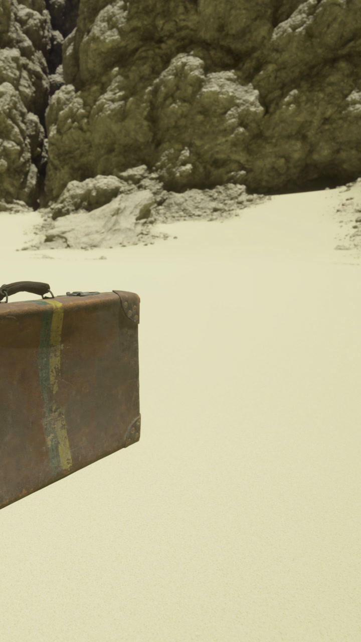 Journey through a desert landscape with forgotten luggage resting on the sand