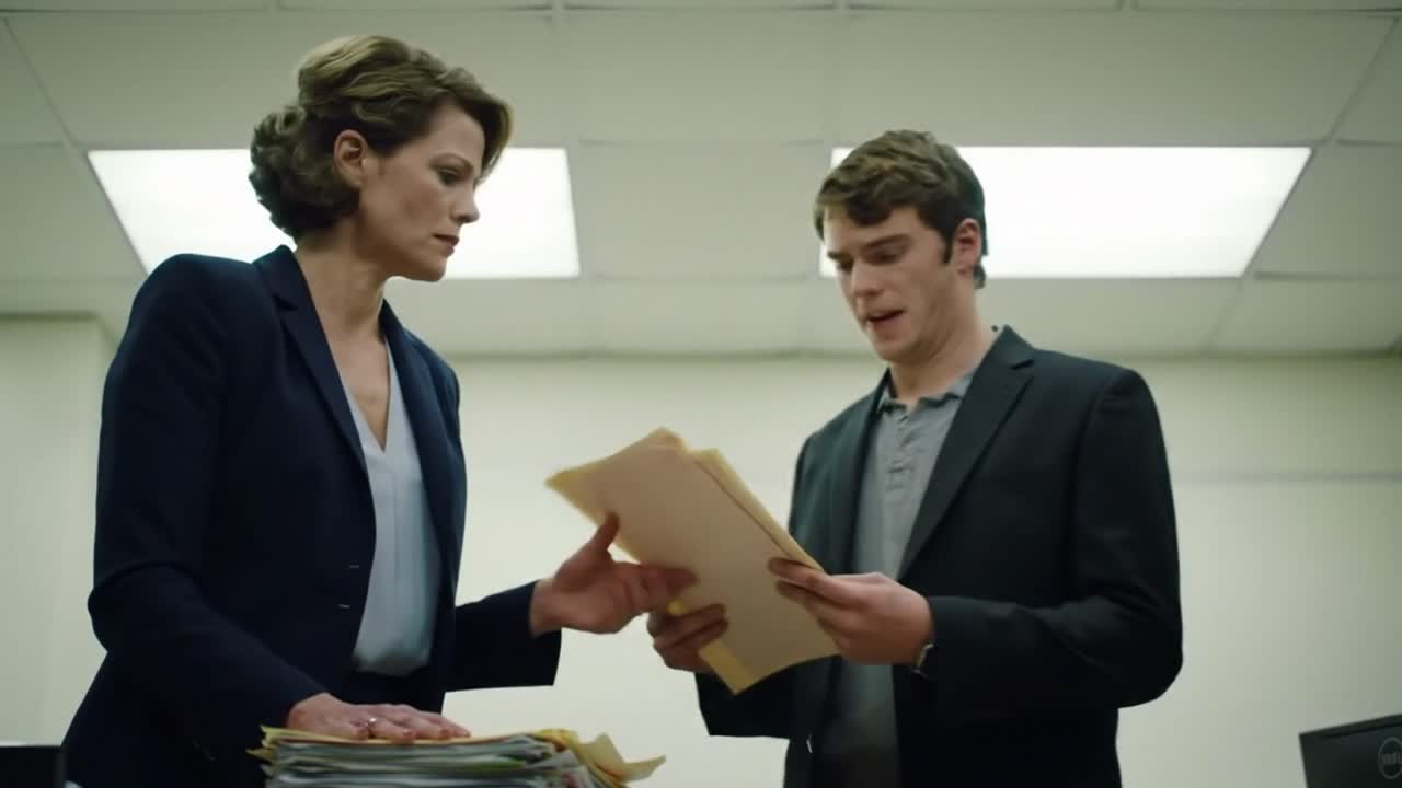 A heated discussion unfolds in a dimly lit office as a woman confronts a younger colleague about critical files. Their expressions reflect stress and urgency while surrounded by paperwork.