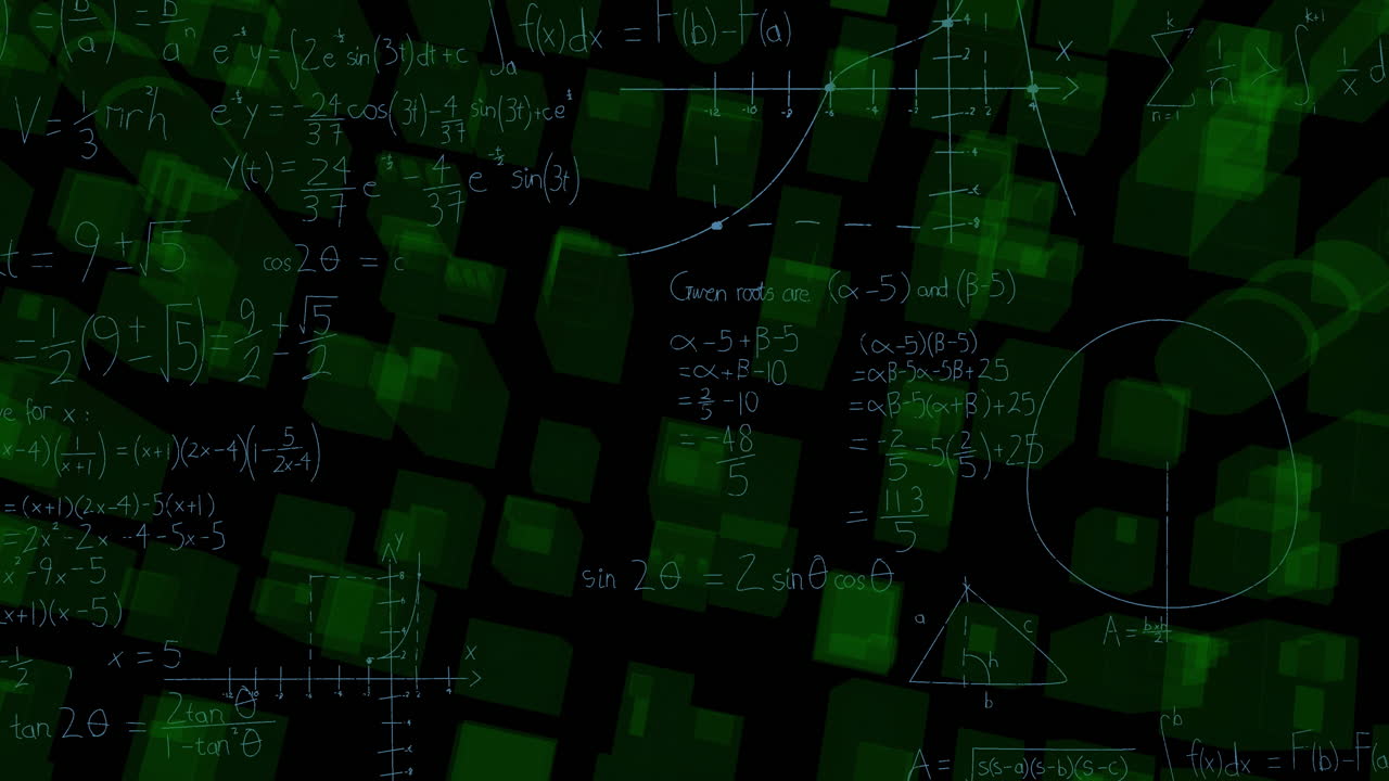 Mathematical equations and graphs animation over abstract green cubes background
