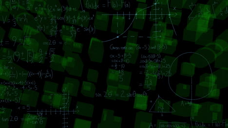 mathematical equations and graphs animation over abstract green cubes background
