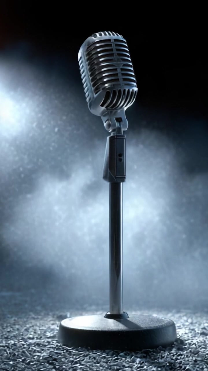 A Stunning Vintage Microphone Captured in a Dramatic Light on Stage Surrounded by Mist, Evoking the Power of Music and Performance Enthusiasm.