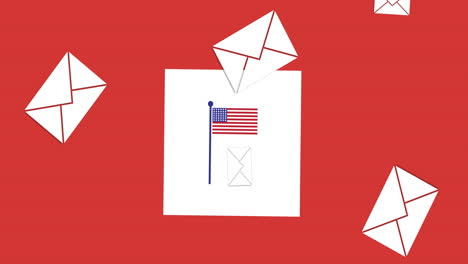 animation of envelopes falling and flag in red, white and blue of united states of america