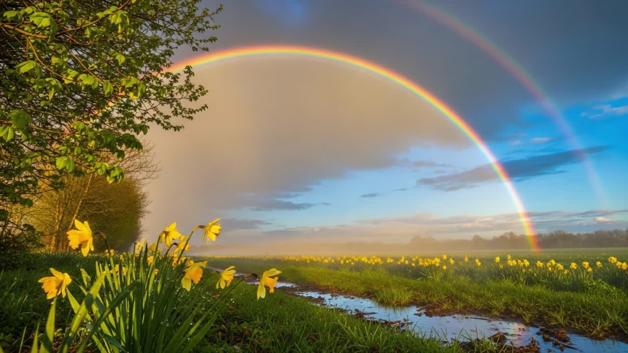 Captivating Spring Landscape with Vibrant Daffodils Posing in the Foreground and a Majestic Double Rainbow Arching Across a Lush Green Meadow Under a Clear Sky