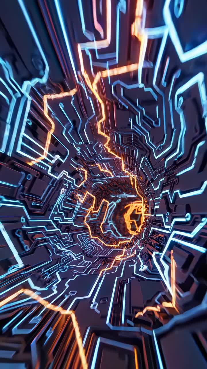 Abstract Cyber Tunnel with Glowing Circuitry