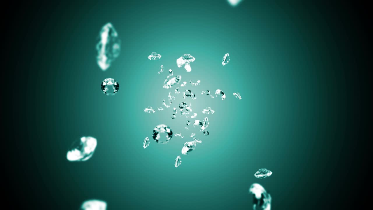 에메랄드 녹색 바탕에 많은 보석 다이아몬드를 날아. 투명하고 귀중한 보석을 빛니다. 화려한 다이애몬드 회전의 3d 애니메이션. 루프 애니메이션.