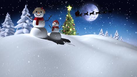 Digital-animation-of-snow-falling-over-male-and-kid-snowman-on-winter-landscape-and-black-silhouette