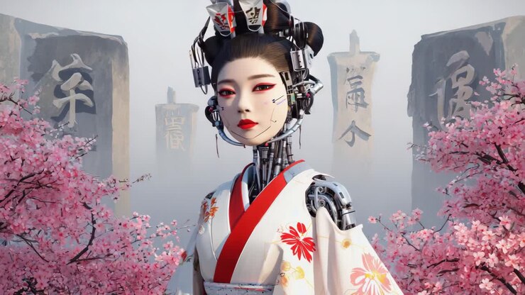 Geisha robotica con fiori di ciliegio
