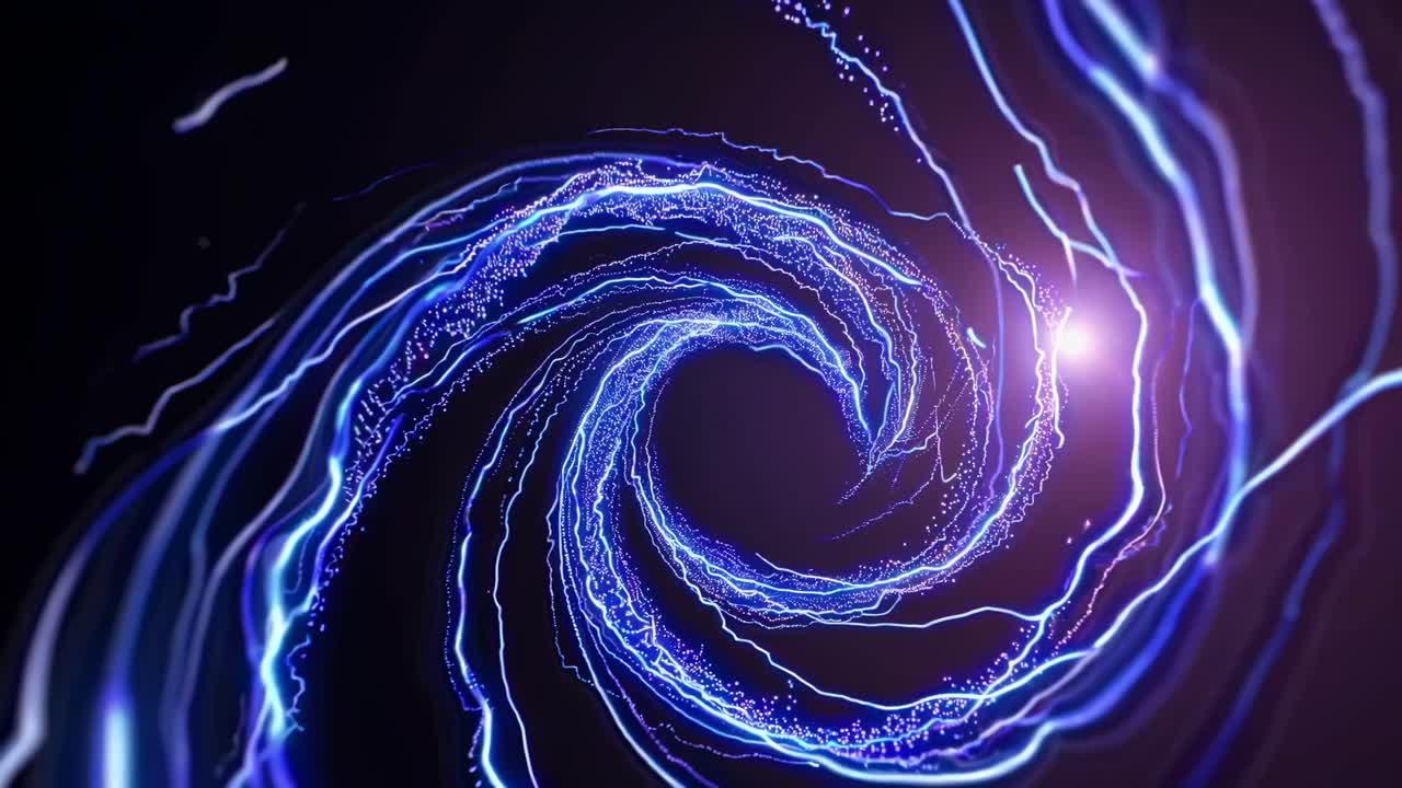 Dynamic video of a swirling vortex of blue light trails, captured from a top-down angle