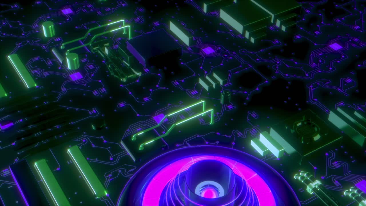 placa de circuitos cyberpunk abstracta con luces de neón brillantes