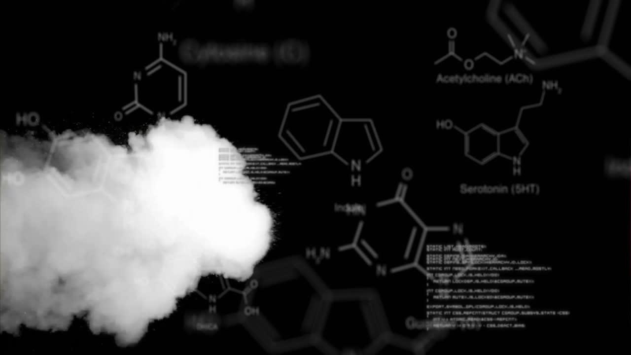 Chemical formulas and text animation over white cloud on black background