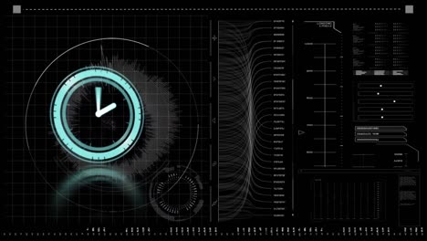 Animation-of-clock-moving-fast-and-data-processing-on-digital-screen