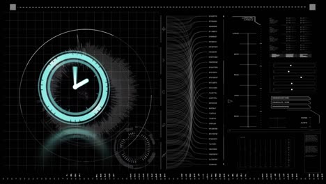 Animation of clock moving fast and data processing on digital screen