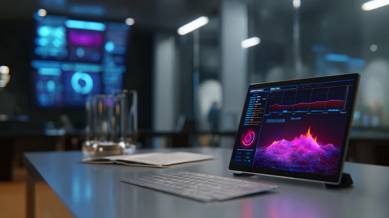 High-Tech Analysis Interface Featuring Dynamic Data Visualization, Displaying Vibrant Graphs and Metrics in a Modern Office Setting with Advanced Technology Surroundings
