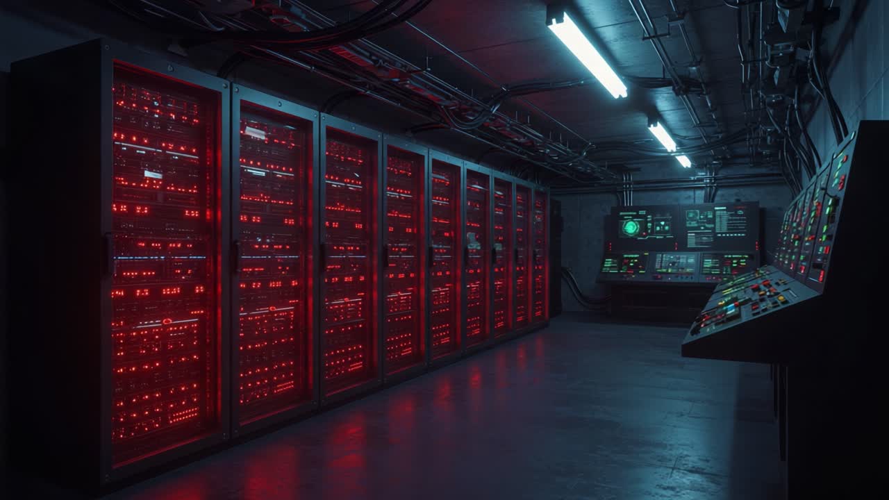 An Intricate View of a High-Tech Control Room with Rows of Illuminated Servers and Advanced Monitoring Systems Bathed in a Red Ambient Glow