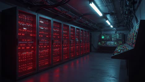 an intricate view of a high-tech control room with rows of illuminated servers and advanced monitoring systems bathed in a red ambient glow