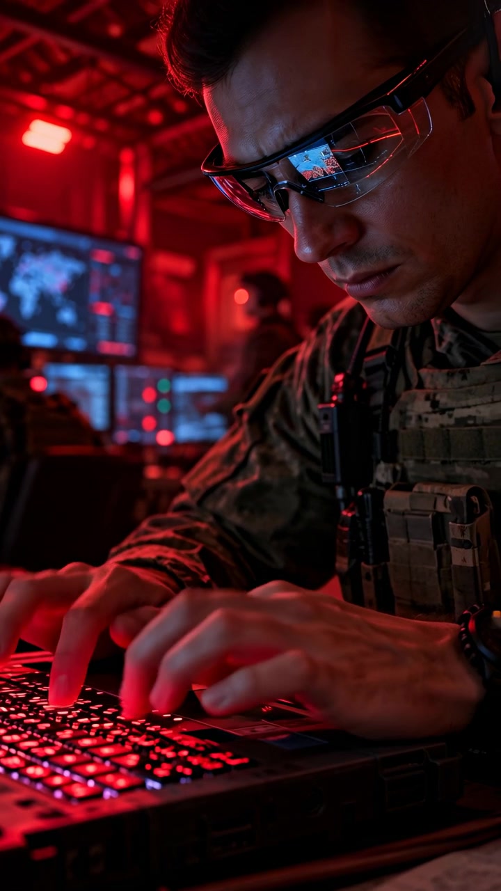 Close vertical view shows hands moving across glowing keyboard as focused person looks downward, framed by red ambient light, dark electronic equipment, and softly blurred computer displays.