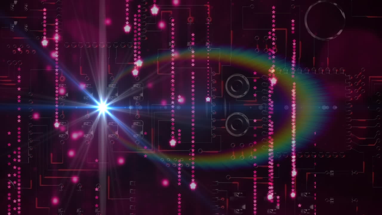 어두운 배경에 있는 처리 데이터 위에 떨어지는 반이는 분홍색 불빛의 애니메이션