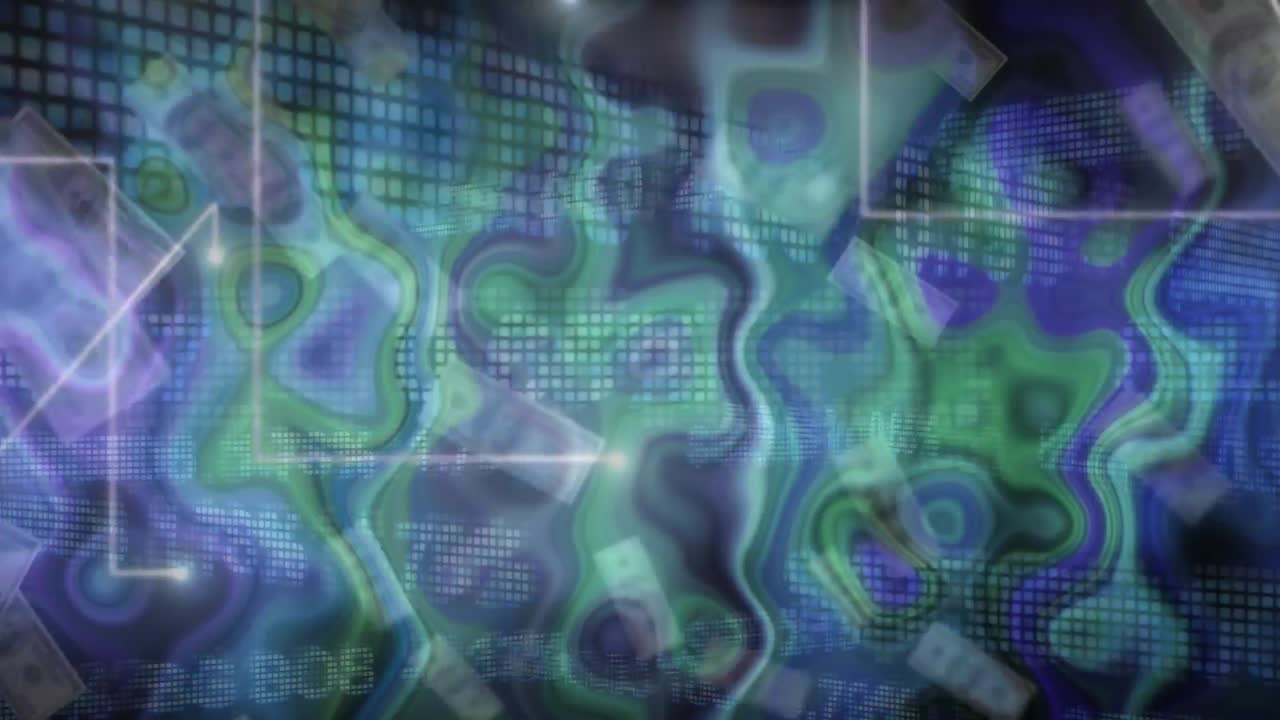 animación de puntos de luz y billetes de dólar sobre el mercado de valores sobre fondo negro