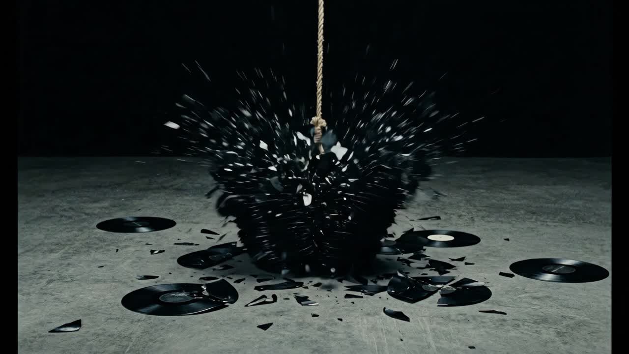 Sword Shattering Stack of Vinyl Records in Slow Motion