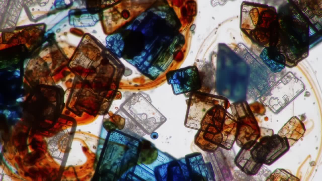 Colors and Shapes of Minerals Observed Under a Microscope at a Lab