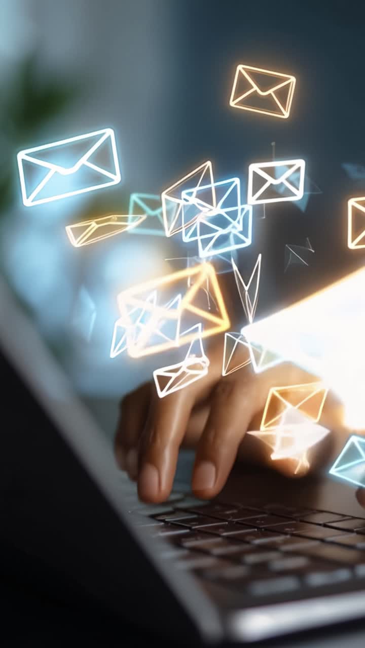 La Corrispondenza Digitale: Una Persona che Interagisce con Icone Email Fluttuanti Mentre Digita su un Laptop, Illustrando la Comunicazione Moderna in Azione.