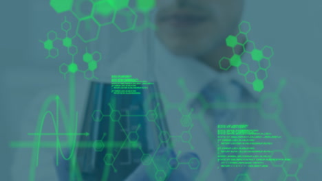 analyzing data on green digital interface, medical professional focused in hospital