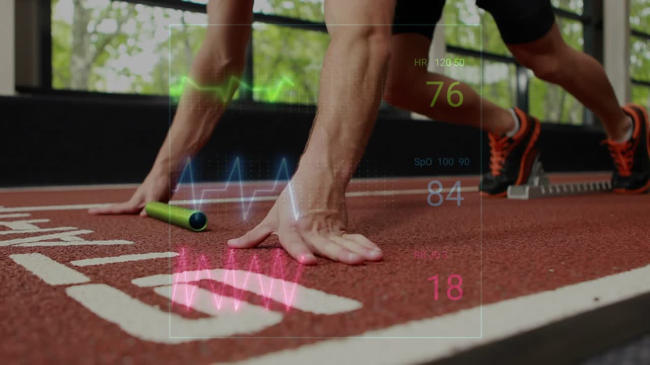 Athlete placing green baton on start mark, activating telemetry HUD, preparing sports sprint