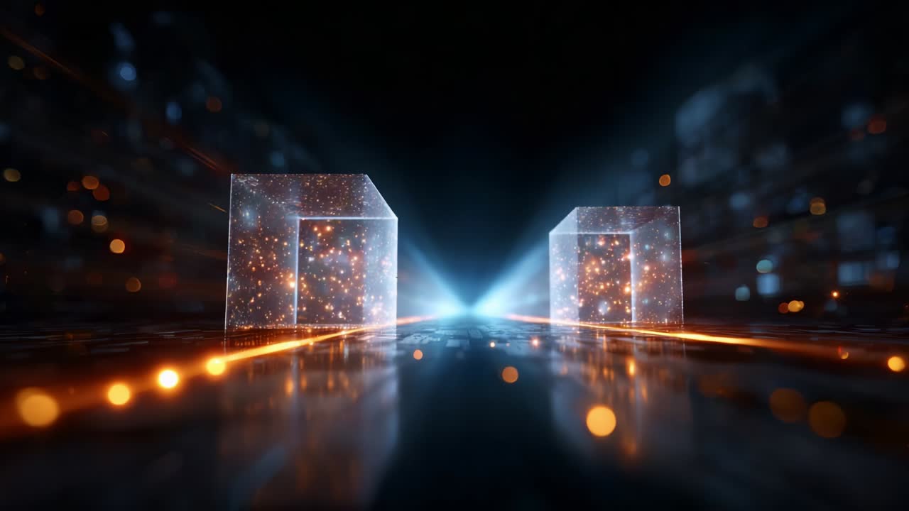 Dynamic Transition of Glowing Cubic Structures Illuminated by Radiant Light Beams in a High-Tech Environment Featuring Starry Particles and Modern Digital Aesthetics