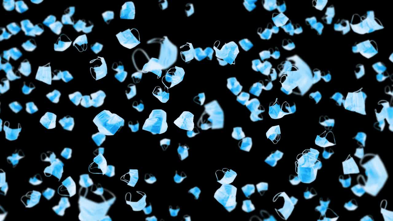검은 바탕에 많은 파란 마스크를 날아. 의료 개념. 수술 보호 마스크. 마스크 회전의 3d 애니메이션. 루프 애니메이션.
