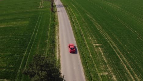 toma cinematográfica de un drone de un ford mustang gt naranja conduciendo por una carretera recta rodeada de campos verdes.