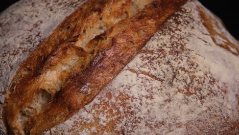 primer plano de pan de masa madre recién horneado, revelando de claro a oscuro