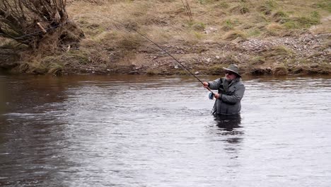 angler fishing for salmon on the river dee in scotland
