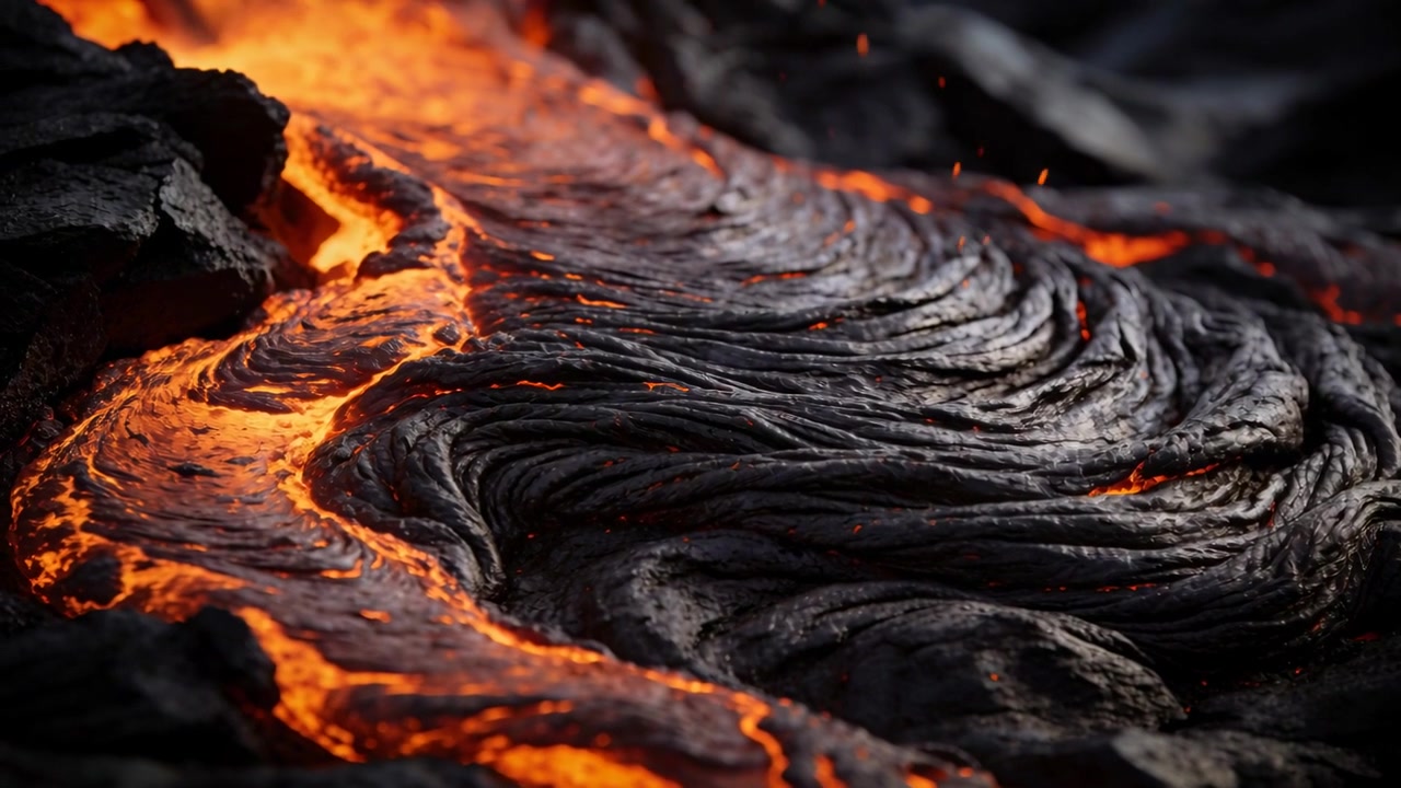 Canale di lava fusa che scorre, alimentato da una riserva di magma su roccia vulcanica, raffreddandosi in una crosta a forma di corda.