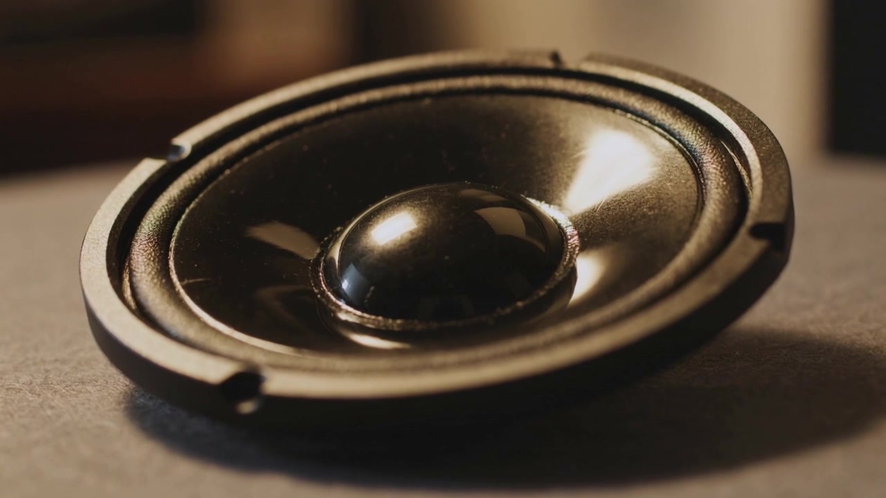 Segnale audio in ricezione, cono vibrante dell'altoparlante sul tavolo, riflesso cangiante, che mostra la polvere.