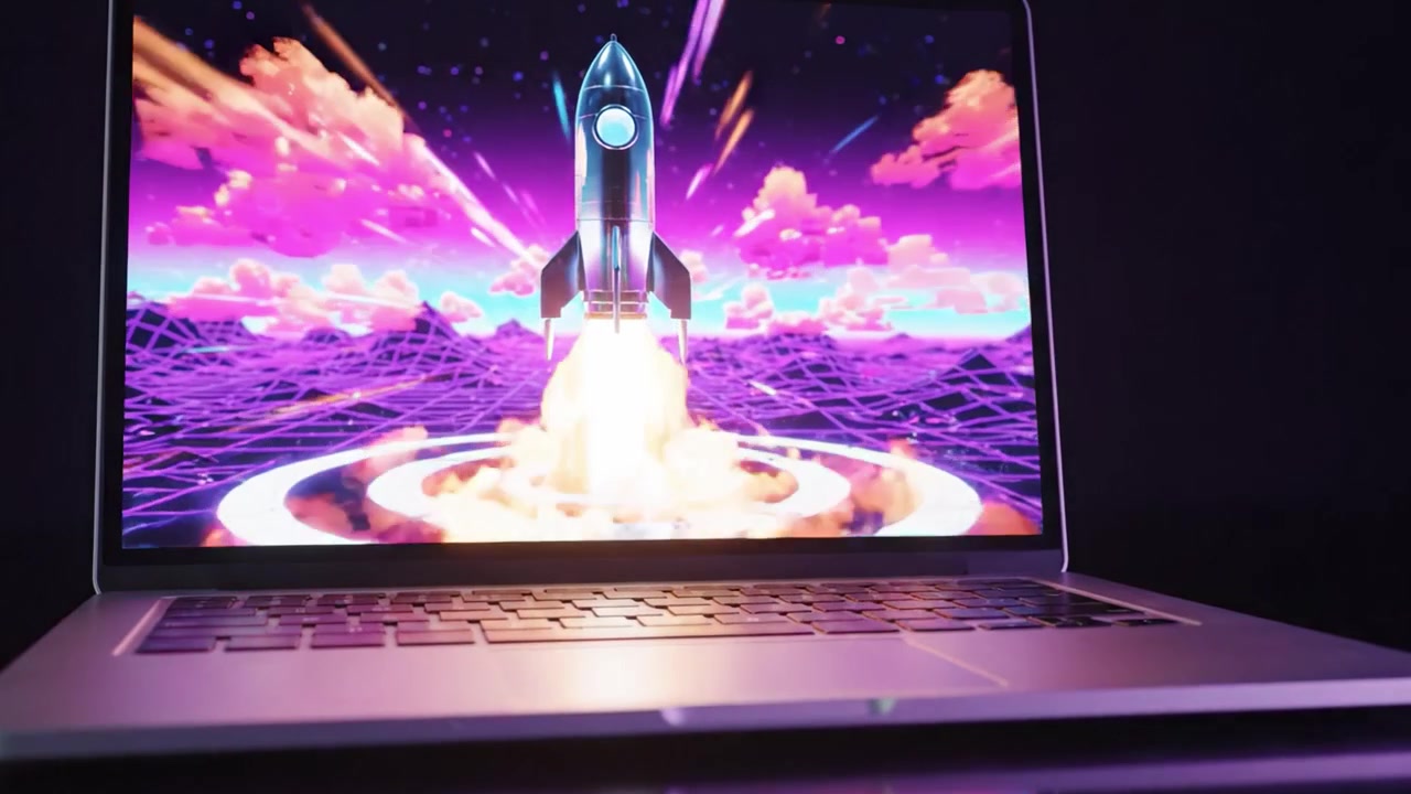 Un razzo futuristico si lancia da un paesaggio digitale, simboleggiando esplorazione e innovazione all'interno di un ambiente vibrante, dai colori neon, su uno schermo di laptop