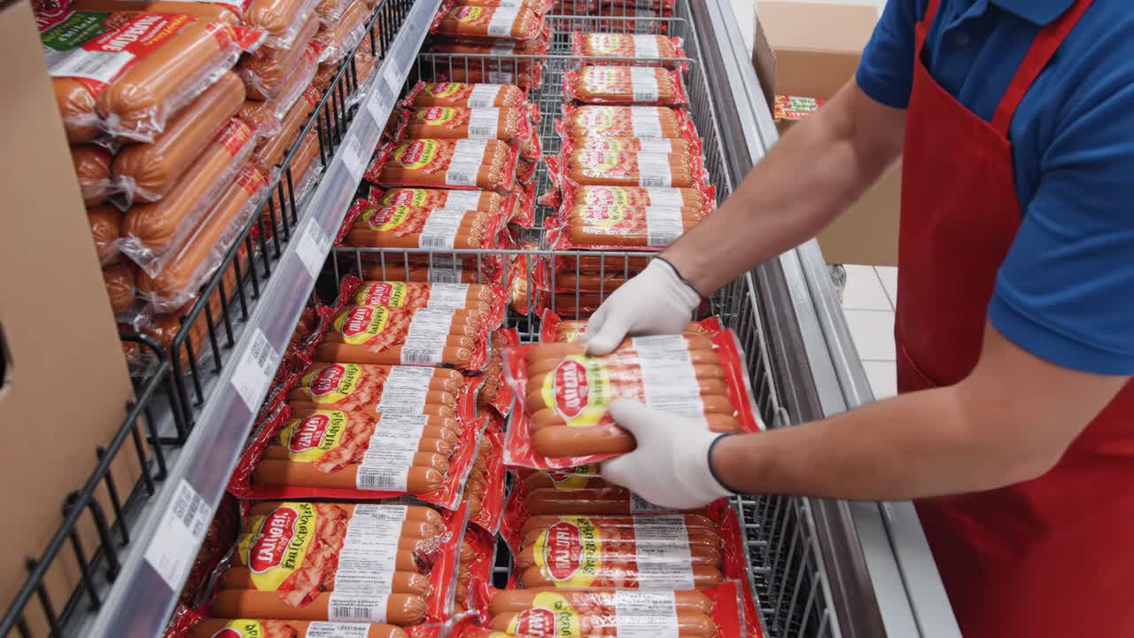 Sausages on display at a supermarket
