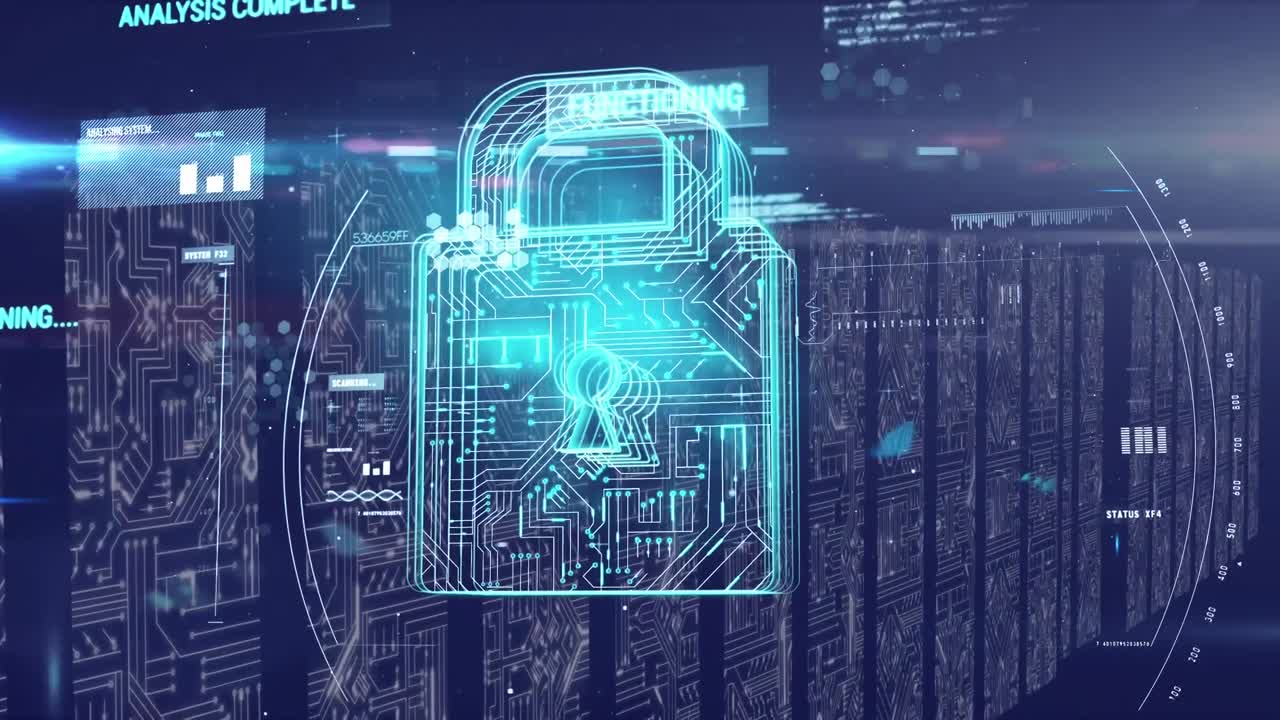 Animation of padlock with computer processors in background
