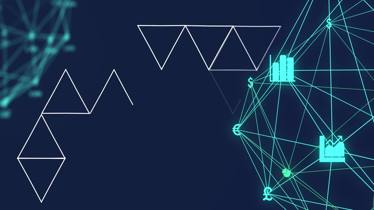 Animation of abstract geometric shapes over two globes of digital icons spinning on blue background