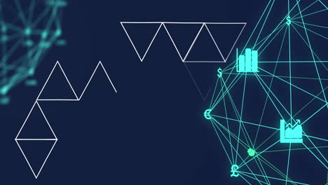 animación de formas geométricas abstractas sobre dos globos de iconos digitales que giran sobre un fondo azul