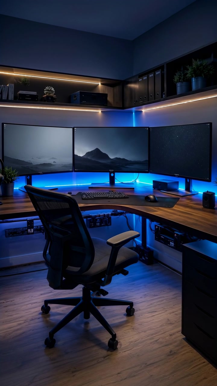 Unoccupied home office corner showing curved triple monitor workstation, ergonomic mesh chair turned from desk, keyboard and mouse, warm wood surfaces, dark wall, ambient blue glow, and organized