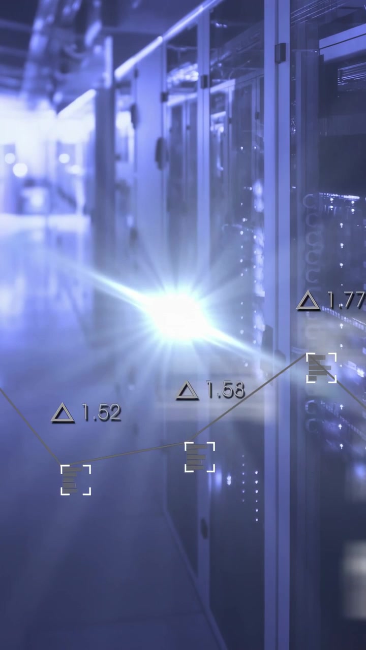 Vertical video: Server racks showing LEDs, HUD markers moving while flare causing blur for tech ops