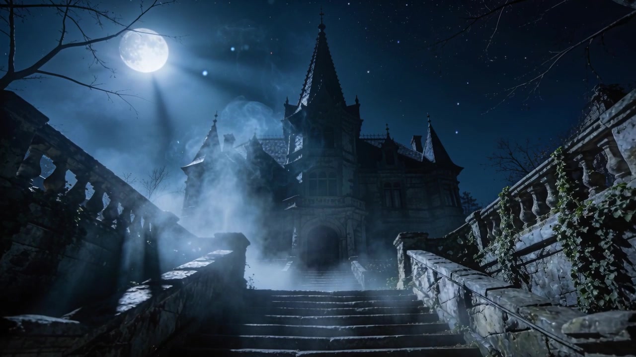 Nebbia bassa che si addensa e sale un'ampia scalinata in pietra di una villa gotica, con raggi di luna che retroilluminano l'edera.